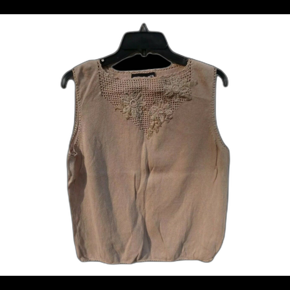 Norton McNaughton Woman Shirt Size XL Tan Sleeveless Crochet Ribbon Coastal